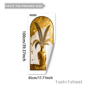 Minimalist plant wall decal with golden arch frame and palm leaf for home decoration