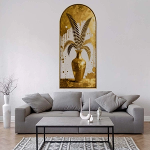 Modern arch floral wall art with golden vase and feathery leaves for living room decor