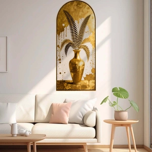 Modern hand-painted arched wall sticker with golden vase and black fern plant design