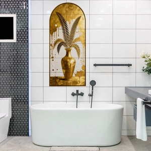 Arch wall decal with gold vase and black ferns on white tiles above a bathtub