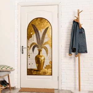 Close-up of arched door sticker featuring a gold vase and palm leaves in a modern interior