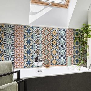 Detail of vintage waterproof tile stickers with Mediterranean floral patterns in a bathroom