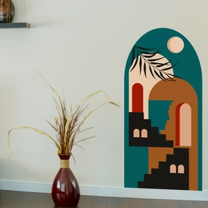Bohemian arch wall sticker featuring abstract geometric stairs and tropical leaf design