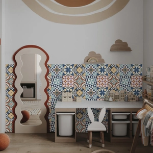 Macro detail of vintage geometric tile stickers with colorful ethnic patterns for wall decor