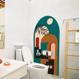 Close-up of Nordic arch wall stickers with abstract sun and plants in a bathroom setting