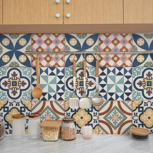Moroccan style vintage tile stickers featuring geometric floral patterns in a kitchen setting