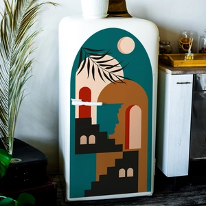 Bohemian arch plants wall sticker with geometric shapes on a white vintage refrigerator