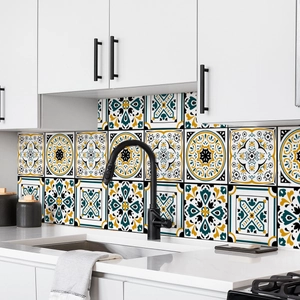 Mediterranean marble pattern tile stickers applied on a modern kitchen backsplash