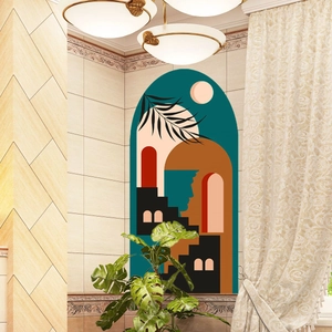 Abstract boho arch wall decal with terracotta geometry and leaf silhouettes in a living room