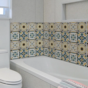 Detailed close-up of Bohemian style mandala tile stickers in a modern bathroom decor