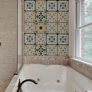 Detail of vintage Moroccan style waterproof marble tile stickers for bathroom backsplash