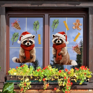 Christmas raccoon static window clings with pine cones and gingerbread man stickers
