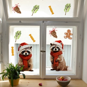 Christmas window decals featuring cute raccoons with scarfs and festive holiday elements
