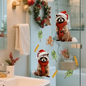 Christmas raccoon static window stickers with gingerbread man and pine cones on glass door