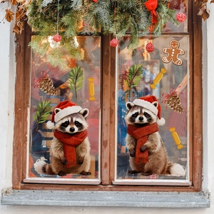 Christmas raccoon window decals with candy and pine branches on retro wooden frame
