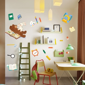 Cartoon colorful bear and book wall stickers set for creative kids bedroom wall decor