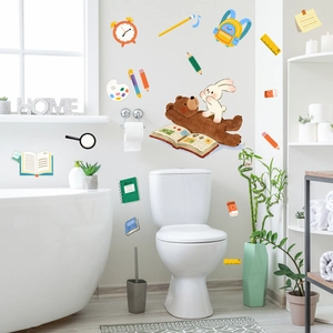 Cartoon bear reading on books wall decal set with bunny and school supplies for kids room
