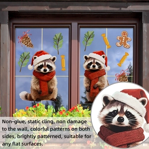 Close-up of double-sided Christmas raccoon static window clings on a glass surface