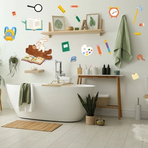 Creative cartoon bear and rabbit wall stickers for kids room with books and pencils decor