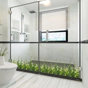 Modern bathroom glass partition with green plant vine pattern and marble base sticker