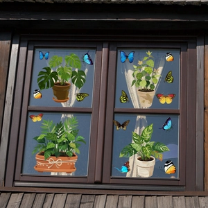 Double-sided static window clings with green potted plants and colorful butterflies