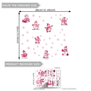 Pink snowman window stickers set with 4 sheets and double-sided visual snowflake design
