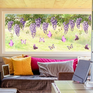 Double-sided static cling stickers with purple wisteria flowers and butterflies for windows