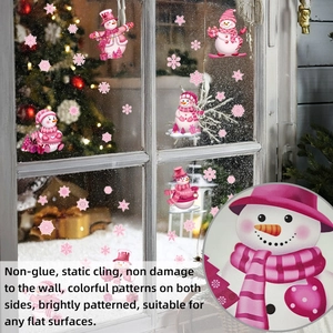 Detail of pink Christmas snowman static cling window stickers showing double-sided design