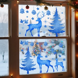 Blue Christmas reindeer silhouettes and snowflake window decals for festive glass decor