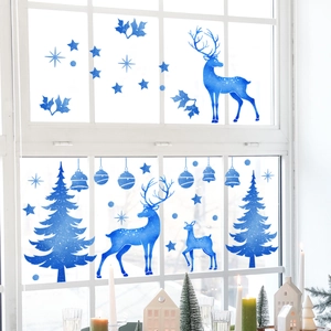Blue Christmas reindeer and pine tree window static stickers for home holiday decoration