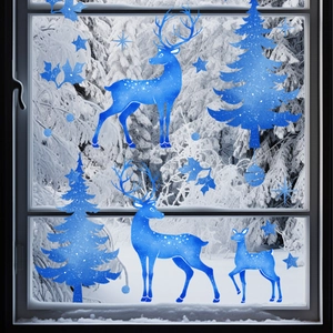 Blue Christmas reindeer and snowflake static window clings displayed on a glass pane
