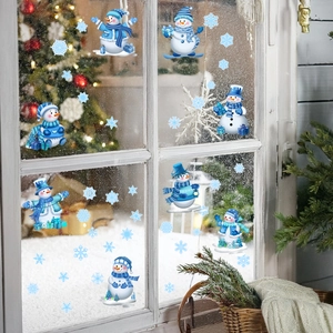 Christmas window stickers featuring cute blue and white snowmen and snowflakes set