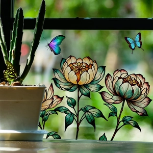 Floral stained glass window decals with colorful butterflies and peony flowers