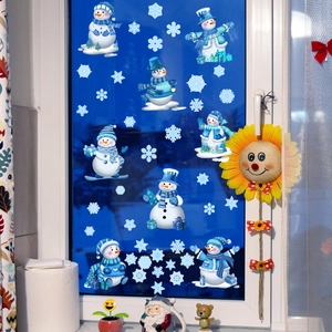 Blue snowman and snowflake window static stickers for winter Christmas home glass decoration