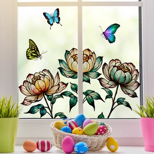 Stained glass style floral window stickers with vibrant butterflies in a sunlit home setting