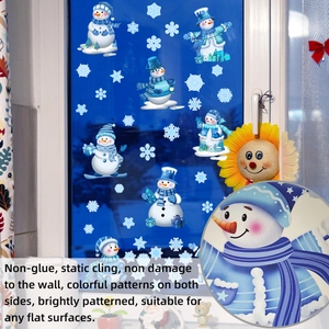 Detail of static cling snowman window stickers showing double-sided colorful patterns