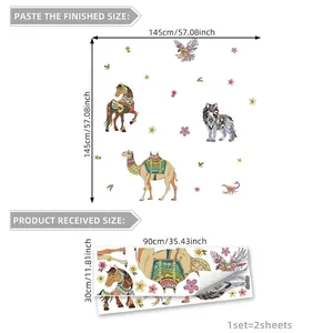 Bohemian style camel and wolf animal wall decals for kids room measuring 145x145 cm