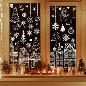 White Christmas window stickers featuring houses and trees for glass holiday decoration