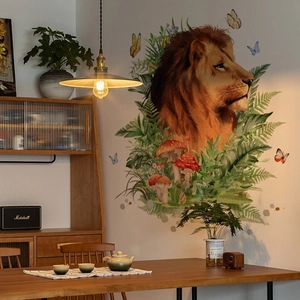 Wandtattoo-Set mit Löwenkopf, floralen Pflanzen, bunten Schmetterlingen und Pilzen