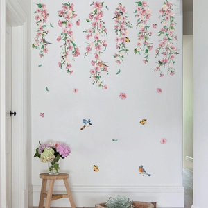Pink vine flowers and birds self-adhesive wall stickers for cozy kids room decoration