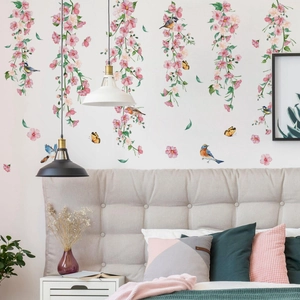 Pink hanging flowers and bird wall decals for children's bedroom decor and wall stickers