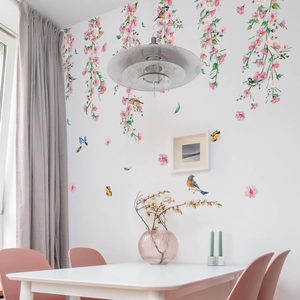 Pink vine flowers and birds wall stickers for bedroom decoration with self-adhesive design