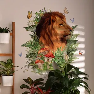 Löwenkopf Wandsticker Handgemalt Aquarell Tier Pilz Farn Schmetterlinge Abnehmbare Vinyl Aufkleber Für Kinderzimmer