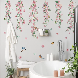 Wall Stickers Pink Flower Vine Bird Butterfly PVC Self Adhesive Removable Decals Home Decor Bedroom Nursery