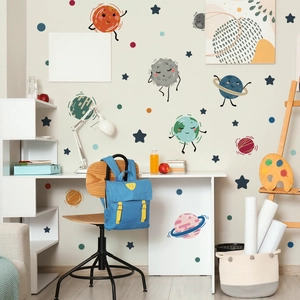 Cartoon hand-drawn solar system wall stickers for kids bedroom featuring colorful planets