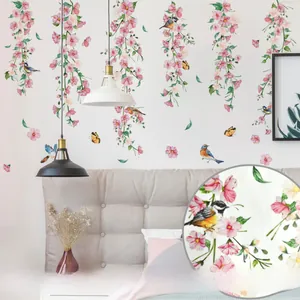 Detail of pink floral vine wall stickers with birds and butterflies for bedroom decor