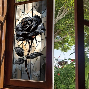 Elegante schwarze Rose statische Fensterfolie mit Buntglaseffekt auf Glasfenster