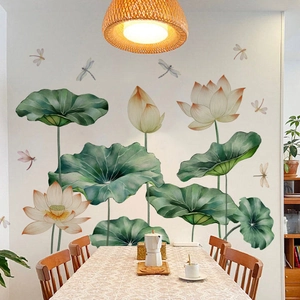 Handgemalte Wandtattoo Lotusblumen und Libellen für Schlafzimmer im chinesischen Stil