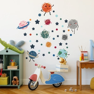 Hand-painted colorful planet and star wall stickers for kids bedroom decor
