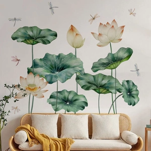 Wandsticker mit handgemaltem Lotus und Libelle im chinesischen Stil für die Wohndeko